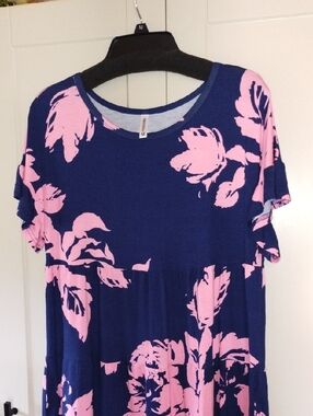 Women’s Navy Tiered Blue Short Sleeve Tee with Pink Floral Print
